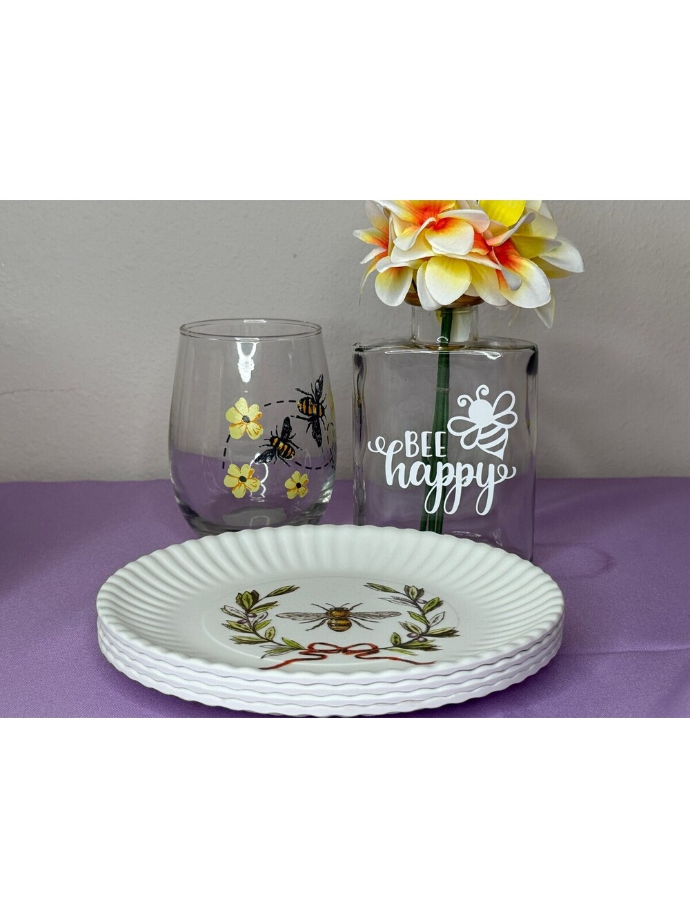 Bee Happy Cottagecore Bundle 4 Bee Plates, Floral Vase & Tumbler